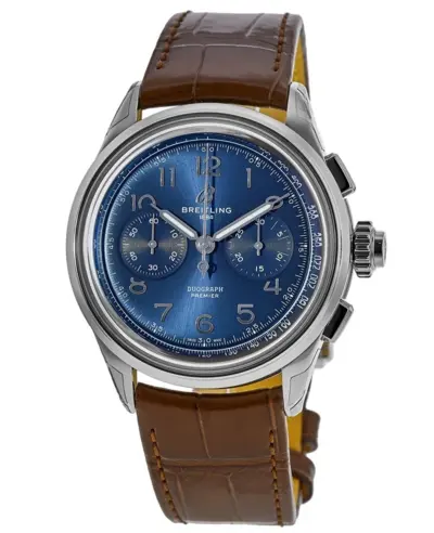 Men's Breitling Premier B15 Duograph 42 Chronograph, Manual Winding with Blue Dial and Brown Leather Strap - Model AB1510171C1P1 (blue, arb11482)