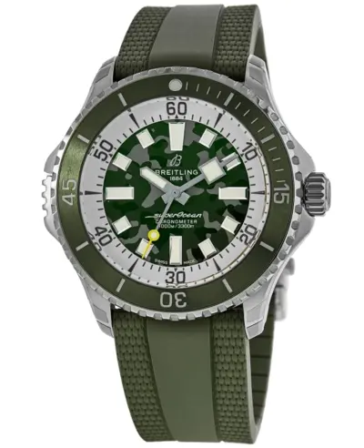 Men's Breitling Superocean Automatic 46 Super Diver Chronometer Watch - Green Dial with Rubber Strap - Model E10379D31L1S1 (green, arb11616)