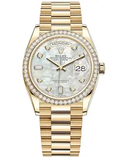 Rolex Day-Date Yellow Gold Mother of Pearl Diamond Dial Diamond Bezel Women's Watch m128348rbr-0017
