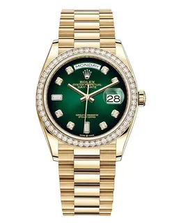 Rolex Day-Date Yellow Gold Green Ombre Diamond Dial Diamond Bezel Women's Watch m128348rbr-0035