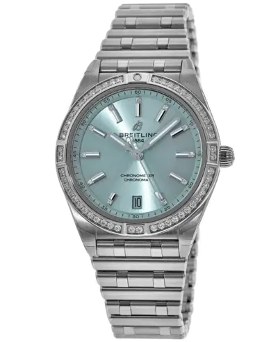 Breitling Chronomat Automatic 36 Ice Blue Dial 18K White Gold Diamond Bezel Steel Women's Watch Model G10380591C1G1 (blue, arb11764)