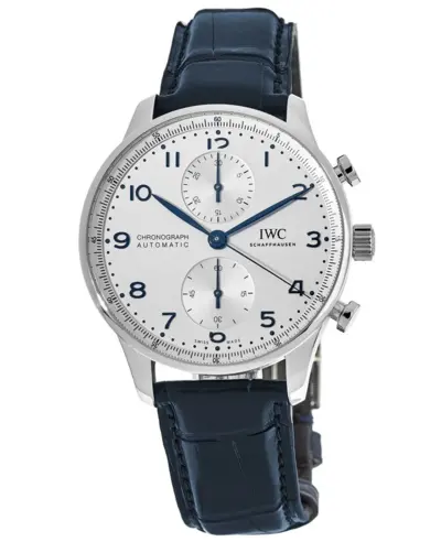 Brand New Authentic IWC Portugieser Automatic Chronograph Silver Dial Blue Leather Strap Men's Watch Model IW371605 (arb11839)