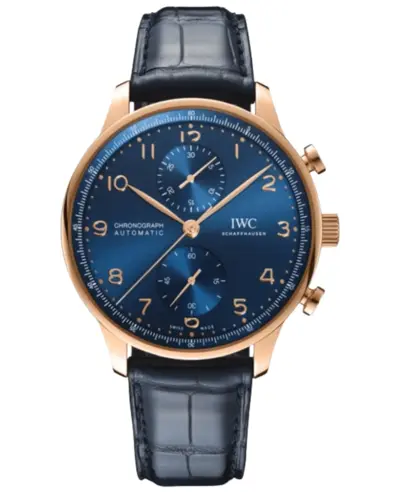 IWC Portugieser Automatic Chronograph IW371614 Men's Watch: 18K Rose Gold Case, Blue Dial, Blue Alligator Leather Strap (blue, arb11843)