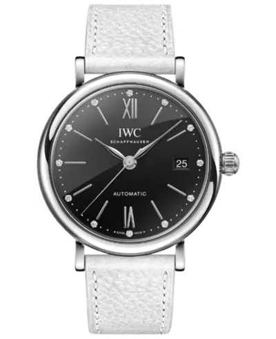 IWC Portofino Automatic 37 Black Diamond Dial White Leather Strap Women's Watch Model IW458611 (black, arb11903)