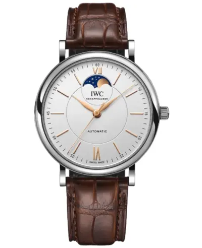 IWC Portofino IW459401 Automatic Moon Phase Chronograph Men's Watch Silver Dial Brown Alligator Leather Strap (arb11906)
