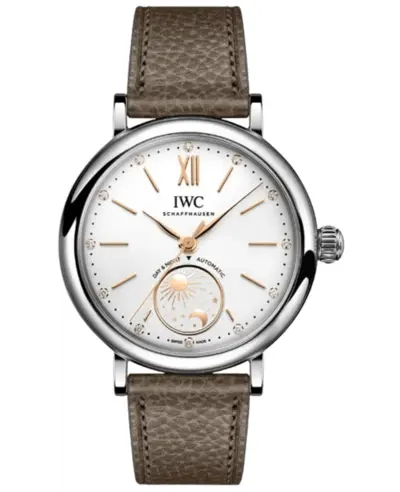 Brand New Authentic IWC Portofino Automatic Day & Night Silver Diamond Dial Taupe Leather Strap Women's Fashion Watch Model IW459801 (arb11908)