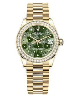 Rolex Datejust 31 Yellow Gold Olive Green Floral-Motif Diamond Dial Diamond Bezel Women's Watch m278288rbr-0038