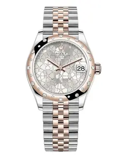Rolex Datejust 31 Stainless Steel and Rose Gold Silver Floral-Motif Diamond Dial Domed Diamond Bezel Women's Watch m278341rbr-0032