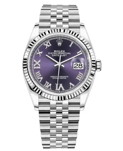 Rolex Datejust 36 Model M126234-0021, Women's Watch - Steel & White Gold Pave Diamond Roman Dial (violet, arb12067)