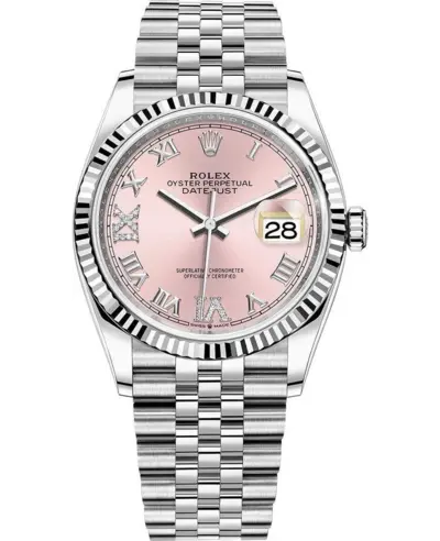Rolex Datejust 36 Steel & White Gold Pink Diamond Pave Roman Dial Women's Watch Model M126234-0031 (pink, arb12075)