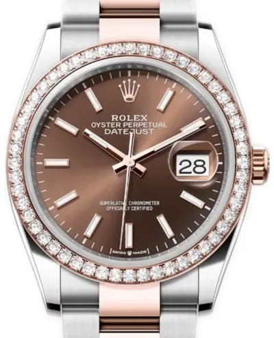 Rolex Datejust 36 mm Diamond Bezel Chocolate Dial Ladies Watch Model M126281RBR-0032, Everose Gold, Brand New (arb19306)