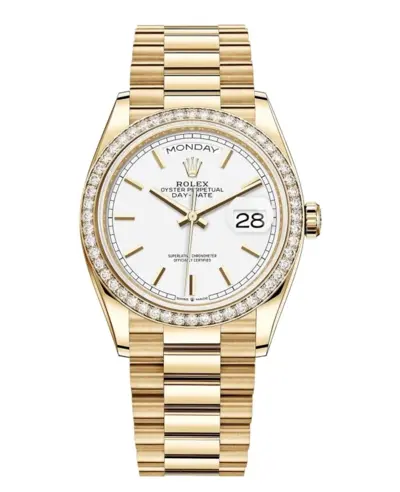 Rolex Day-Date Yellow Gold White Dial Diamond Bezel Women's Watch Model M128348RBR-0047 (white, arb12268)