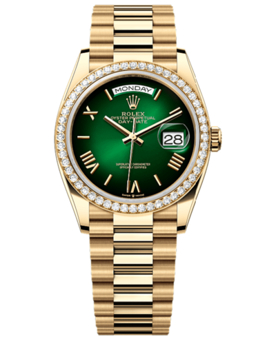 Brand New Authentic Rolex Day-Date 36mm Yellow Gold Green Ombré Dial Diamond Bezel Women's Watch m128348rbr-0068 (green, arb12270)