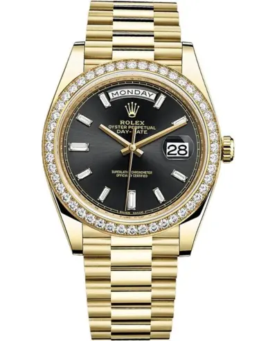 Rolex Day Date Model M228348RBR-0001 - Yellow Gold, Black Dial Diamond Bezel Luxury Watch (black, arb12312)