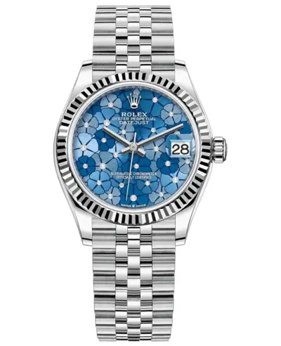 Rolex Datejust 31 Women's Watch Model M278274-0036 Authentic Stainless Steel and White Gold Azzuro-Blue Diamond Floral Motif Dial with Jubilee Bracelet (blue, arb12390)