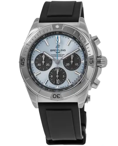 Breitling Chronomat B01 42 Automatic Chronograph Ice Blue Dial Platinum Bezel Rubber Strap Men's Watch Model PB0134101C1S1 (blue, arb12601)
