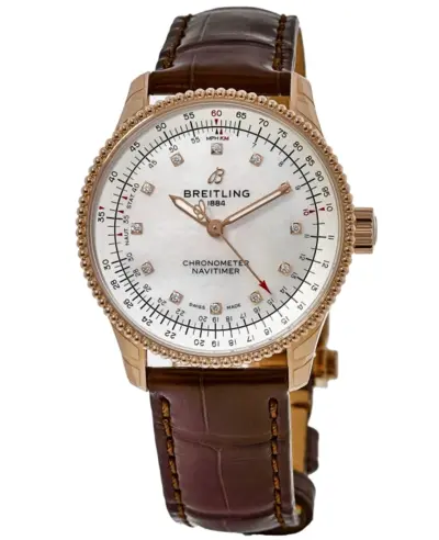 Authentic Breitling Navitimer Automatic 35 r17395211a1p2 Mother of Pearl Dial Diamond Brown Leather Strap Women's Watch (arb12665)