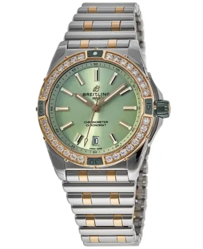 Women's Breitling Super Chronomat Automatic 38 Diamond Green Dial Steel & 18kt Rose Gold Watch u17356531l1u1 (green, arb12740)