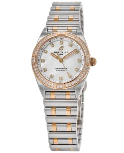 Breitling Chronomat 28 Mother of Pearl Dial Rose Gold Diamond Bezel Women's Watch Model u72310531a1u1 (arb12745)