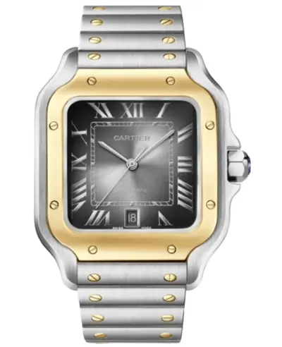Cartier Santos De Cartier Automatic Grey Dial 18K Yellow Gold Bezel Steel Men's Watch Model W2SA0030 (arb12917)