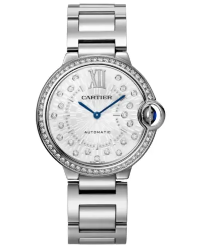 Cartier Ballon Bleu de Cartier Medium Automatic Watch W4BB0036, Silver Dial Diamond Bezel Steel Women's Luxury Timepiece (arb12932)