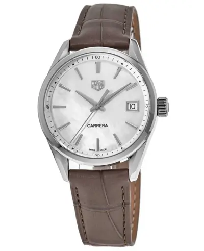 Authentic Tag Heuer Carrera Quartz Mother of Pearl Dial Brown Leather Strap Women's Watch wbk1311.fc8258 (arb12993)
