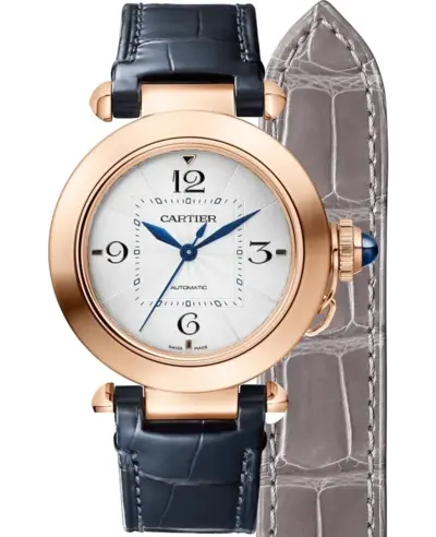 Brand New Authentic Cartier Pasha Model WGPA0014 with Rose Gold Case and Navy Blue/Dark Grey Alligator Leather Straps (arb13110)