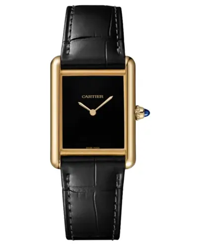 Brand New Authentic Cartier Tank Louis Cartier Large Manual Winding Black Dial 18K Yellow Gold Leather Strap Women's Luxury Watch WGTA0091 (black, arb13125)