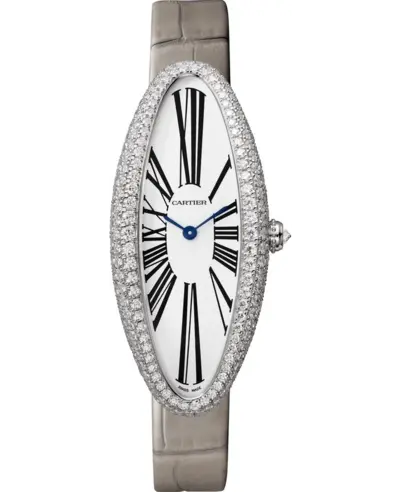 wjba0007 Cartier Baignoire Allongee Silver Dial 18K White Gold Diamond Leather Strap Women's Watch (arb13141)
