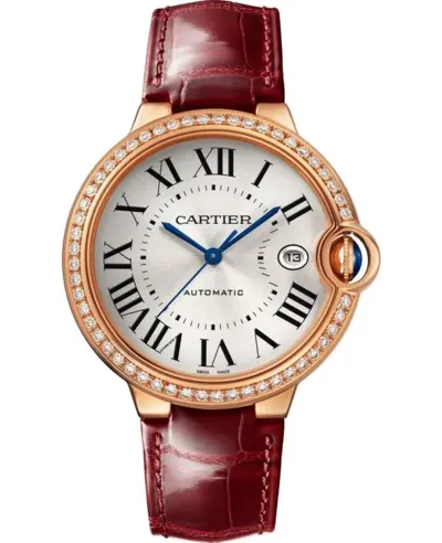 Cartier Ballon Bleu de Cartier WJBB0056 Silver Dial 18kt Rose Gold Diamond Alligator Burgundy Leather Strap Automatic Women's Watch (arb13148)