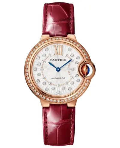 Cartier Ballon Bleu de Cartier Automatic Silver Dial Diamond Bezel 18K Rose Gold Burgundy Alligator Leather Strap Women's Watch Model wjbb0080 (arb13158)