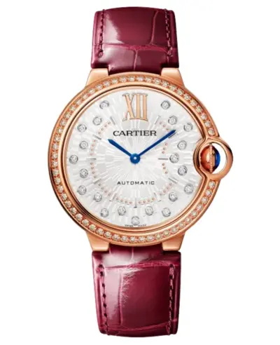 wjbb0081: Cartier Ballon Bleu de Cartier Medium Automatic Silver Dial Diamond Bezel 18K Rose Gold Burgundy Leather Strap Women's Luxury Watch (arb13159)