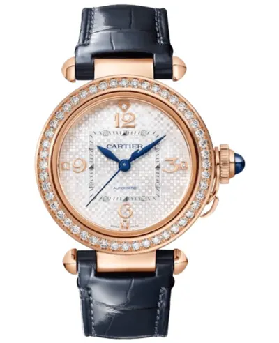 Cartier Pasha De Cartier Automatic WJPA0027 - Silver Dial 18K Rose Gold Diamond Bezel Blue Leather Strap Women's Watch (arb13168)