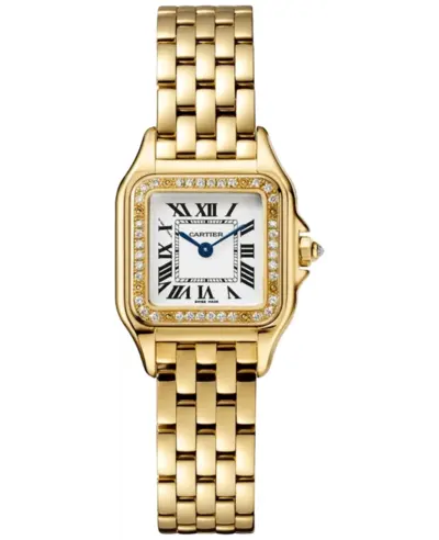 Authentic Cartier Panthere de Cartier WJPN0067 Small Silver Dial Diamond Bezel 18K Yellow Gold Watch (arb23376)