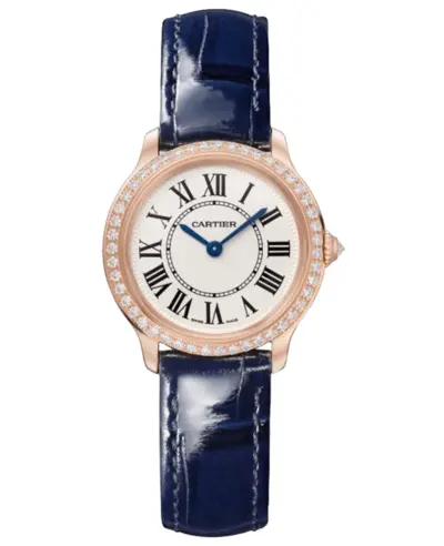Brand New Authentic Cartier Ronde Louis Small Diamond Bezel Rose Gold Blue Leather Strap Women's Watch Model WJRN0009 (beige, arb13177)