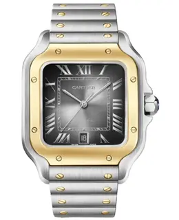 Cartier Santos De Cartier Automatic Grey Dial 18K Yellow Gold Bezel Steel Men's Watch w2sa0030
