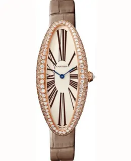 Cartier Baignoire Allongee Silver Dial 18K Rose Gold Diamond Leather Strap Women's Watch wjba0006