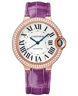 Cartier Ballon Bleu de Cartier Medium Automatic Silver Dial Diamond Bezel 18K Rose Gold Purple Leather Strap Women's Watch wjbb0050