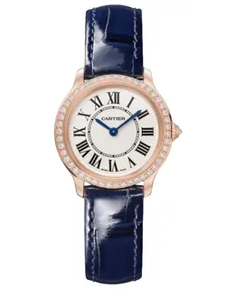 Cartier Ronde Louis Small Small Quartz Beige Dial Diamond Bezel 18K Rose Gold Blue Leather Strap Women's Watch wjrn0009