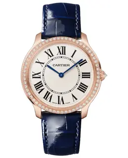 Cartier Ronde Louis Small Quartz Beige Dial Diamond Bezel 18K Rose Gold Blue Leather Strap Women's Watch wjrn0010