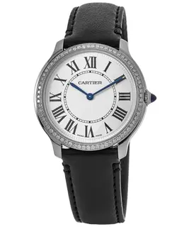 Cartier Ronde Must De Cartier Quartz Silver Dial Custom Diamond Bezel Black Leather Strap Women's Watch wsrn0031-cd
