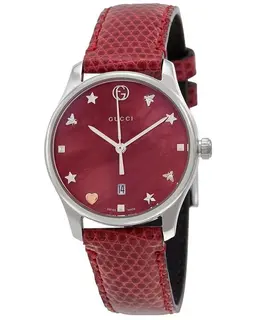 Gucci G-Timeless Women's Watch, Red Mother of Pearl Dial, Leather Strap - Model YA126584