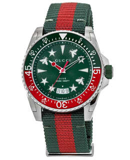 Gucci Dive Watch - Model YA13369, Green Dial, Red & Green Fabric Strap