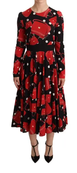 Dolce & Gabbana Black Sicily Bag Print Flared Midi Dress - IT38|XS dr28108 -38