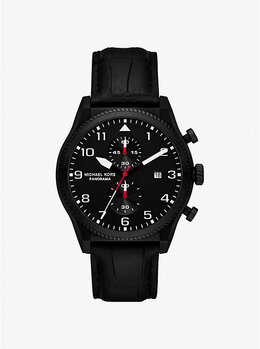 Большие панорамные часы из черной кожи с тиснением под крокодила Michael Kors, черный mk9201 | black