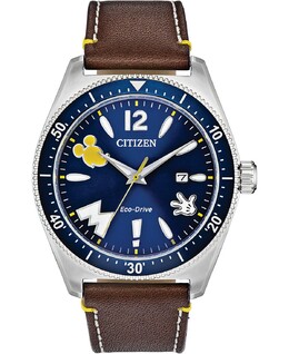 Часы Микки Маус с классическим коричневым кожаным ремешком, 43 мм Citizen 10374574 | brown