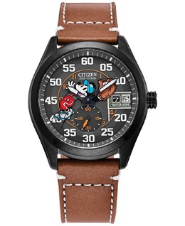 Мужские часы Eco-Drive Disney с Микки Маусом, коричневый кожаный ремешок, 43 мм Citizen 15810180 | brown