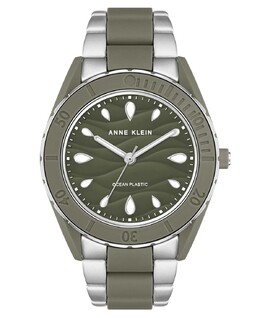 Женские кварцевые часы с тремя стрелками, серебристого и оливково-зеленого цвета, пластиковый браслет Solar Oceanwork, 38,5 мм Anne Klein 14851040 | silver-tone, olive green