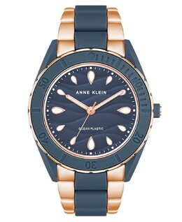 Женские кварцевые часы с тремя стрелками, цвет розового золота и синий солнечный свет, пластиковый браслет Oceanwork, 38,5 мм Anne Klein 14851038 | rose gold-tone, navy