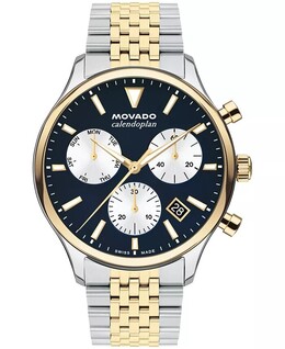 Мужские двухцветные часы Calendoplan Swiss Quartz Chrono из нержавеющей стали, 43 мм Movado, серебро 19356708 | two-tone